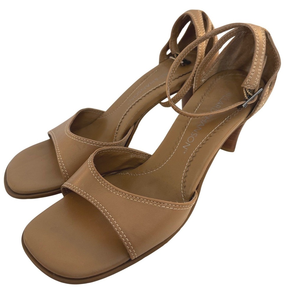 Hillard & Hanson Julie Tan Leather Ankle Strap Square Toe Heeled Sandals 5.5